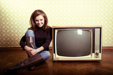 art portrait of young smiling ecstatic woman sitting near retro