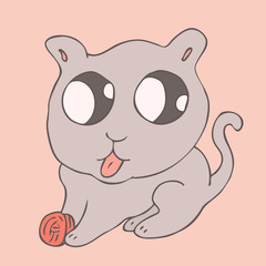 cute gray kitten with a ball, cat, vector illustration