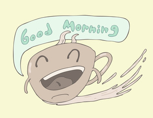 funny cup of coffee or tea, breakfast, vector illustration