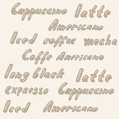 names of coffee, menu, vector illustration, hand drawn