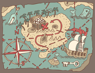 Island Treasure Map, vector illustration, hand drawn