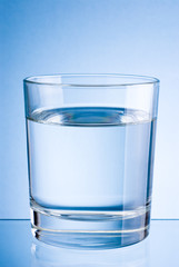 Drinking water glass on a blue background
