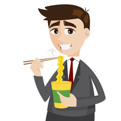 cartoon businessman eating instant noodle