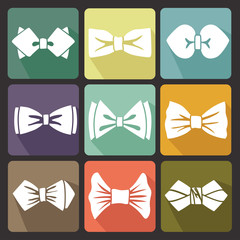 Colored flat icons with white silhouettes of bow tie