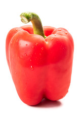 Red pepper with water drops isolated on white background.