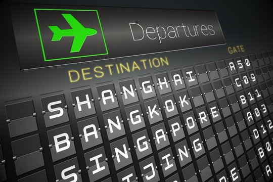 Black departures board for asian cities