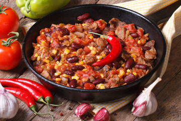 chili con carne close-up in a frying pan with the ingredients.