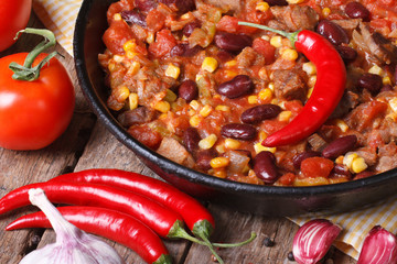chili con carne close-up in a pan with the ingredients.
