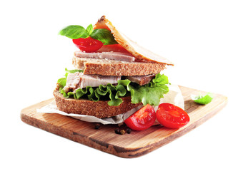 Delicious sandwiches with meet isolated on white