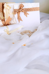 Fototapeta na wymiar Beautiful handmade wedding cards on light background