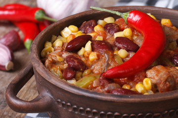 hot chili con carne in a tureen closeup horizontal