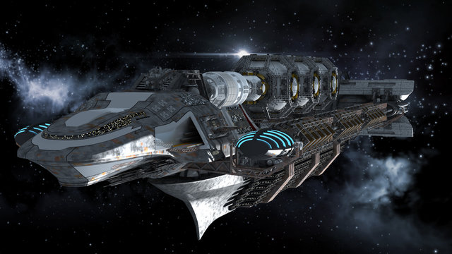 Alien battleship in deep space travel on galactic starfield