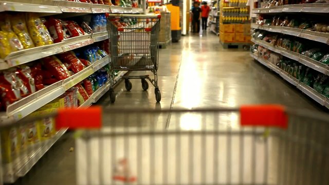 shopping at supermarket with trolley. time lapse speed up