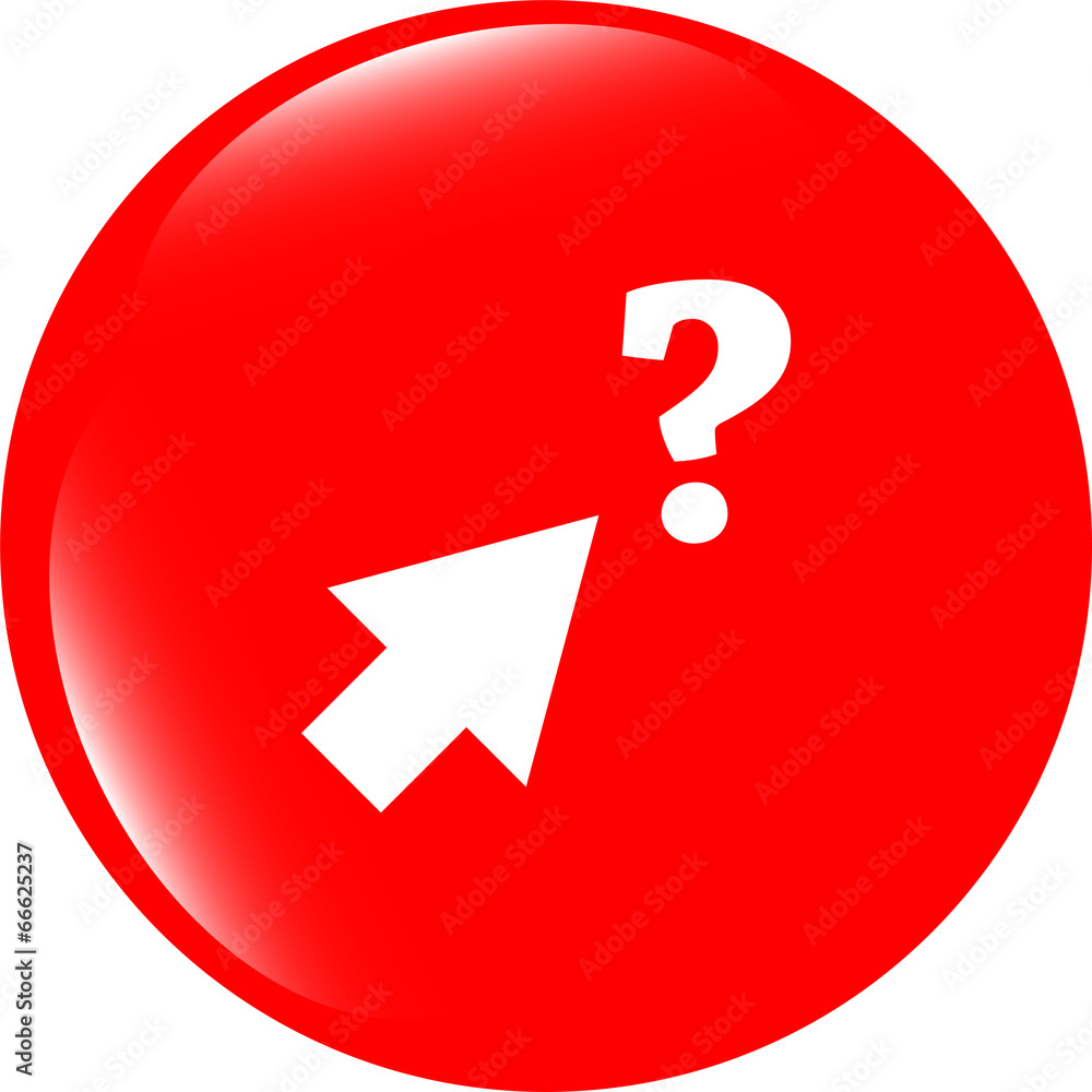 Poster computer button with arrow and questions mark, web icon isolated