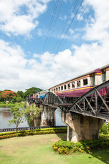 Train on the bridge over river Kwai in Kanchanaburi, Thailand