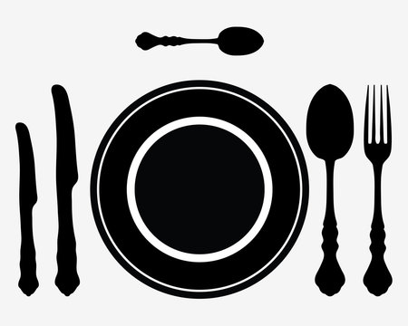 Plate, knife and fork on the table, vector