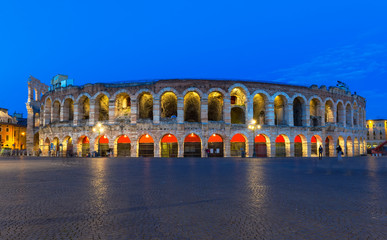 Verona amphitheatre at night. Roman Arena in Verona, Italy