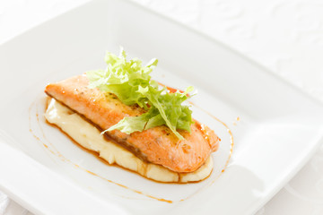 salmon steak with mashed potatoes