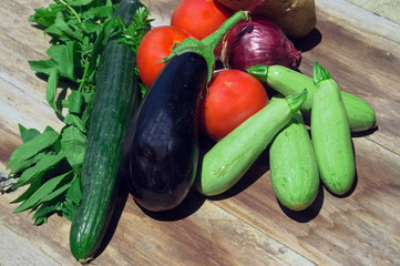 Organic food background vegetables on old rustic wooden backgrou