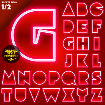 Abstract neon tube alphabet for light board. Sticker style Red