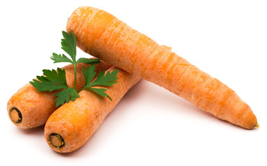 Three carrots and a piece of parsley on a white background