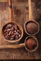 cocoa beans, hot chocolate flakes and grated dark chocolate in o