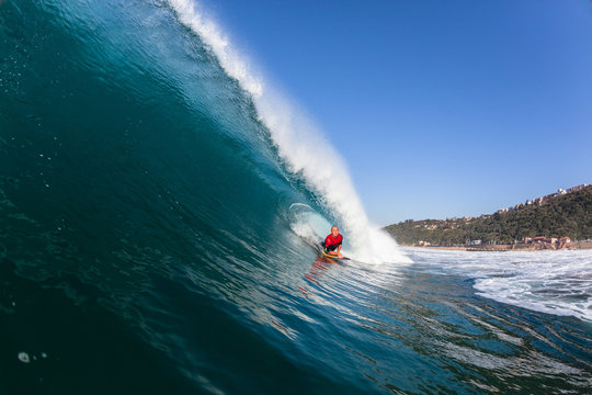 Surfing Rider Inside Hollow Wave Closeup