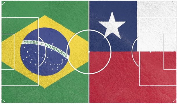 brazil vs chile football field textured by national flags