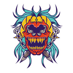 Red skull with blue hair tattoo design Illustration