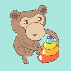 cute cartoon monkey playing with color pyramid, vector