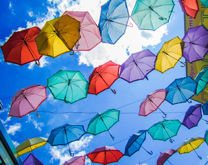 market decorated with colored umbrellas