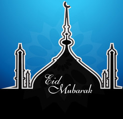 Fototapeta premium Mosque with shiny blue colorful eid mubarak background vector il