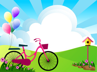 illustration of landscape with flowers clouds bike and balloons