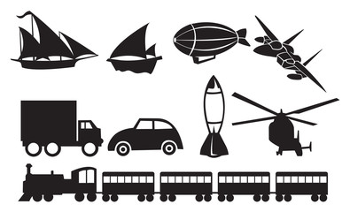 Black Transportation Icons Against White Background