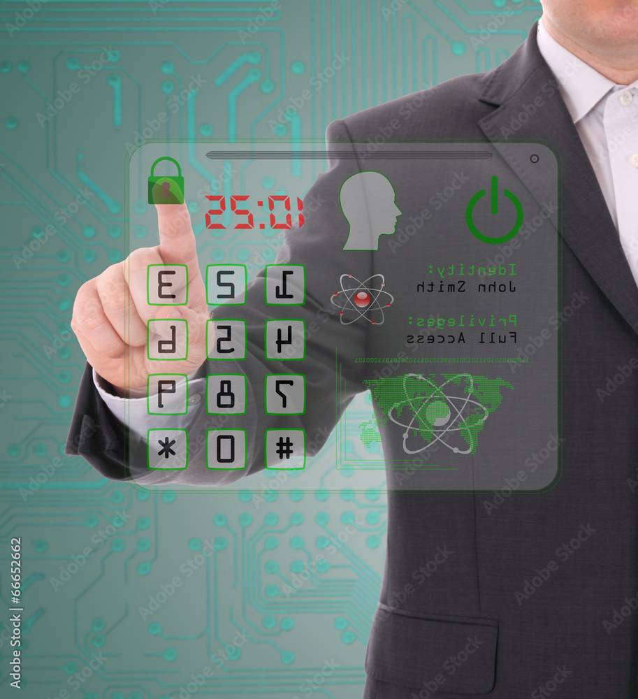 Poster man entering the door or safe, secure data by touch screen