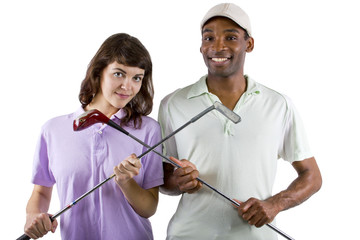 golf instructor with a teenager student on white background