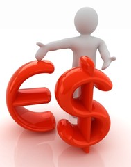 3d people - man, person presenting - dollar and euro sign