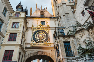 Famous Gros Horloge street with astronomical clock tower, Rouen