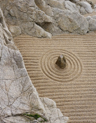 Zen Steingarten an Felsenwand in Vogelperspektive