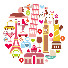 Obraz premium Landmark Travel - round vector illustration
