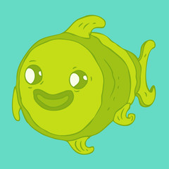 cute green fish cartoon vector illustration, hand drawn
