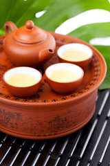 Chinese terracotta tea set with green tea