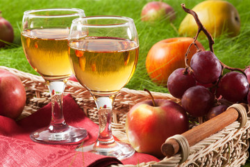 scene of summer: picnic basket with food on grass