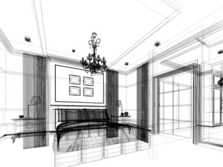 sketch design of bedroom ,3d render