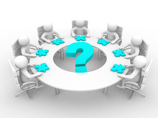 3d person at conference table and question mark- This is a 3d re