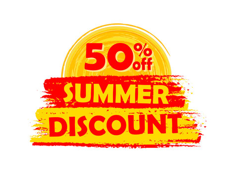 50 percentages off summer discount with sun sign, drawn label