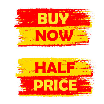 buy now and half price, yellow and red drawn labels