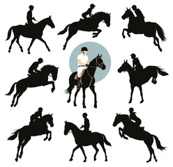 Horse and rider jumping vector silhouettes set