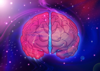 Illustration of human brain on cosmic background