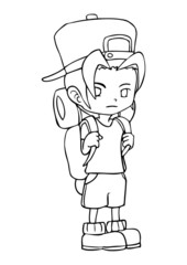 Line-art illustration of a boy with backpack
